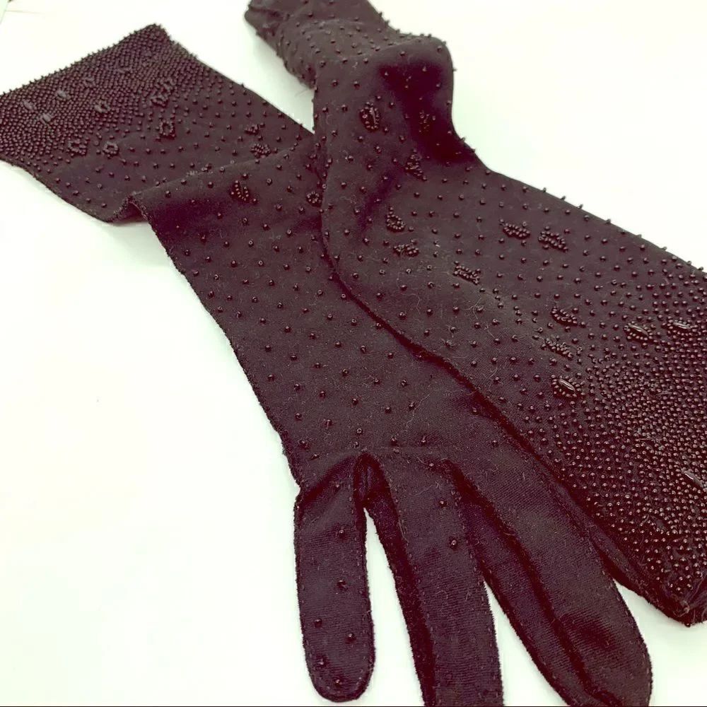 Black Beaded Detail Handmade Vintage Gloves